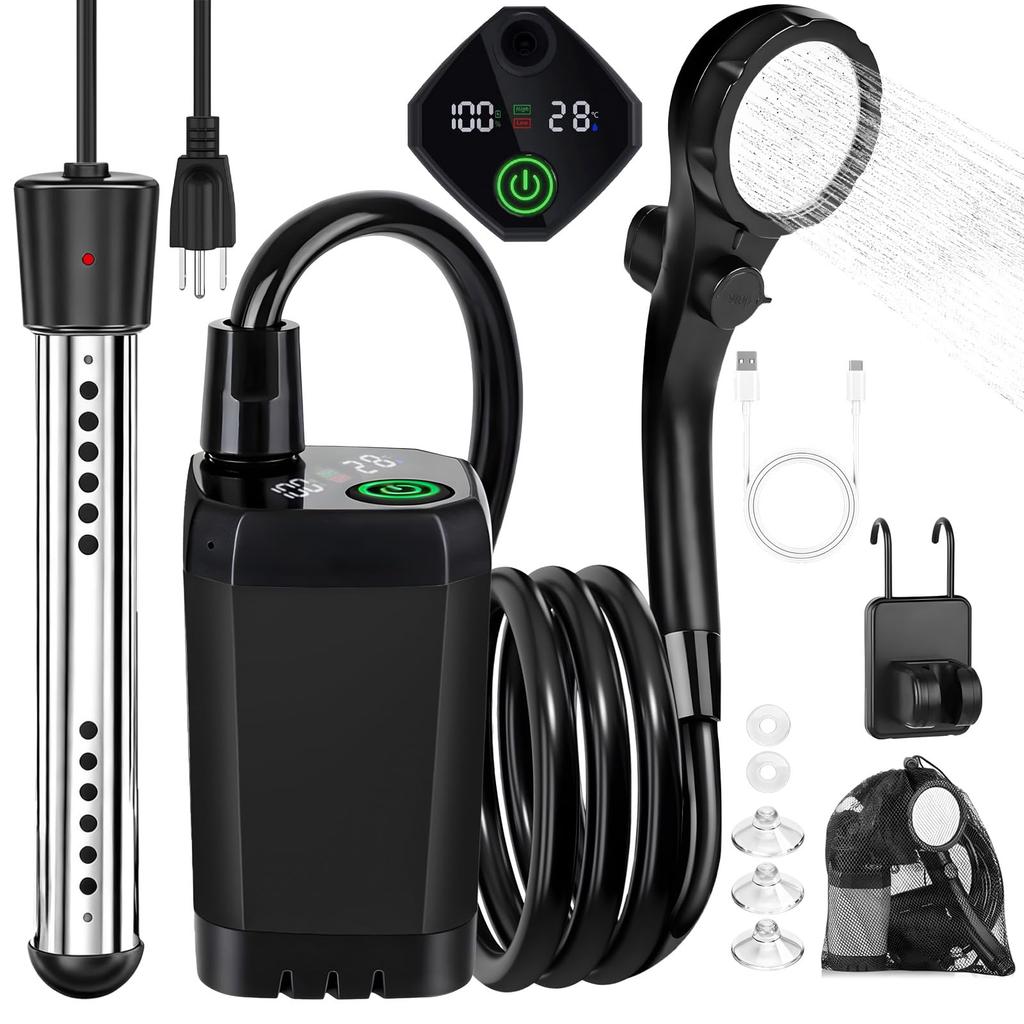 Doccia da Campeggio Portatile con Riscaldatore, Doccia Portatile Ricaricabile da 6000mAh con Riscaldatore a Immersione da 2000W, Display LED, Doccia da Campeggio Riscaldata per Viaggi,