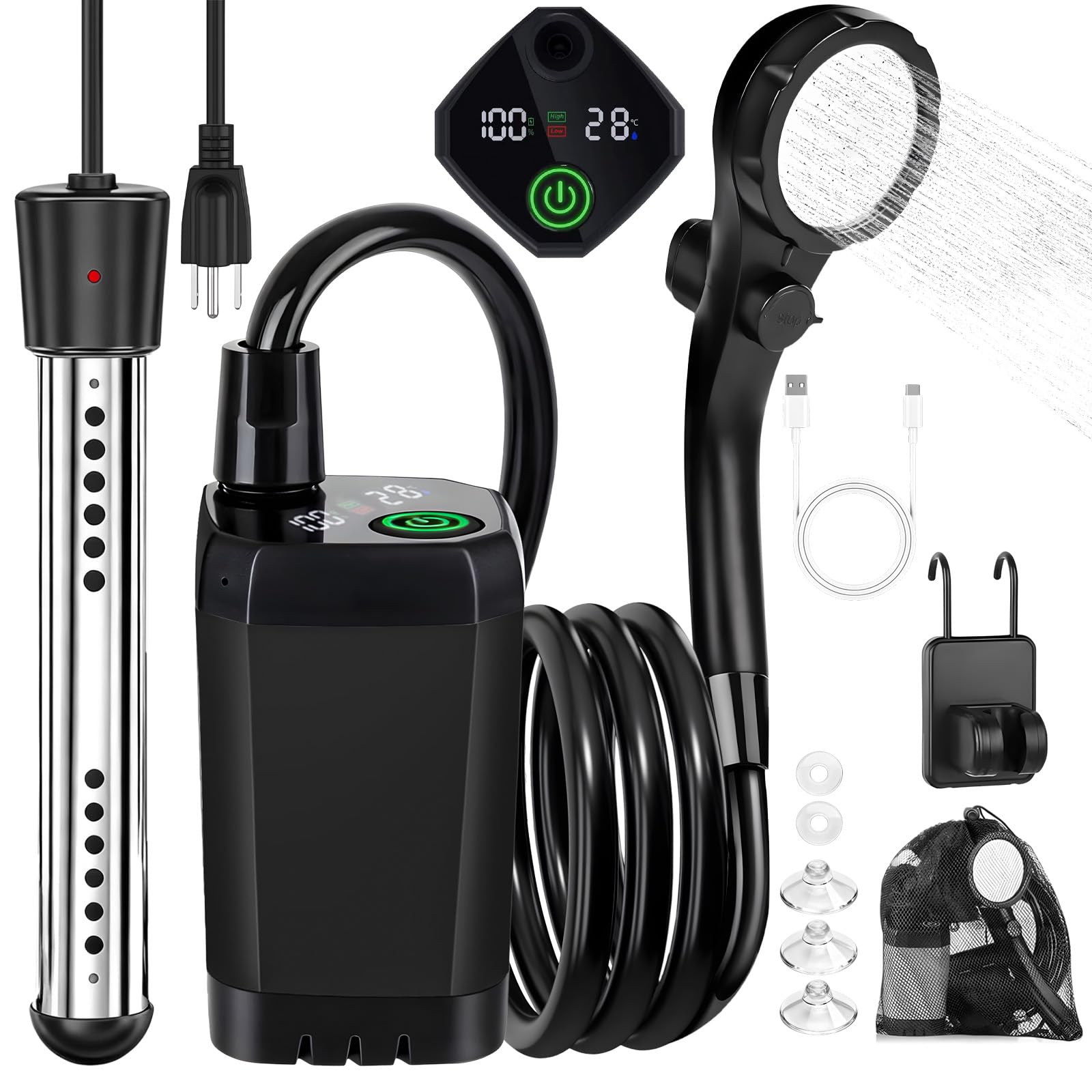Pārnēsājama kempinga duša ar sildītāju, 6000mAh