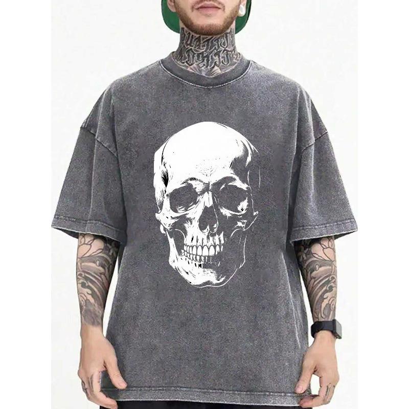 Men'S Oversized Vintage Washed T-Shirt with Skull Graphic - Soft & Breathable Relaxed Fit Short Sleeve Crew Neck Tee, Streetwear Casual Everyday