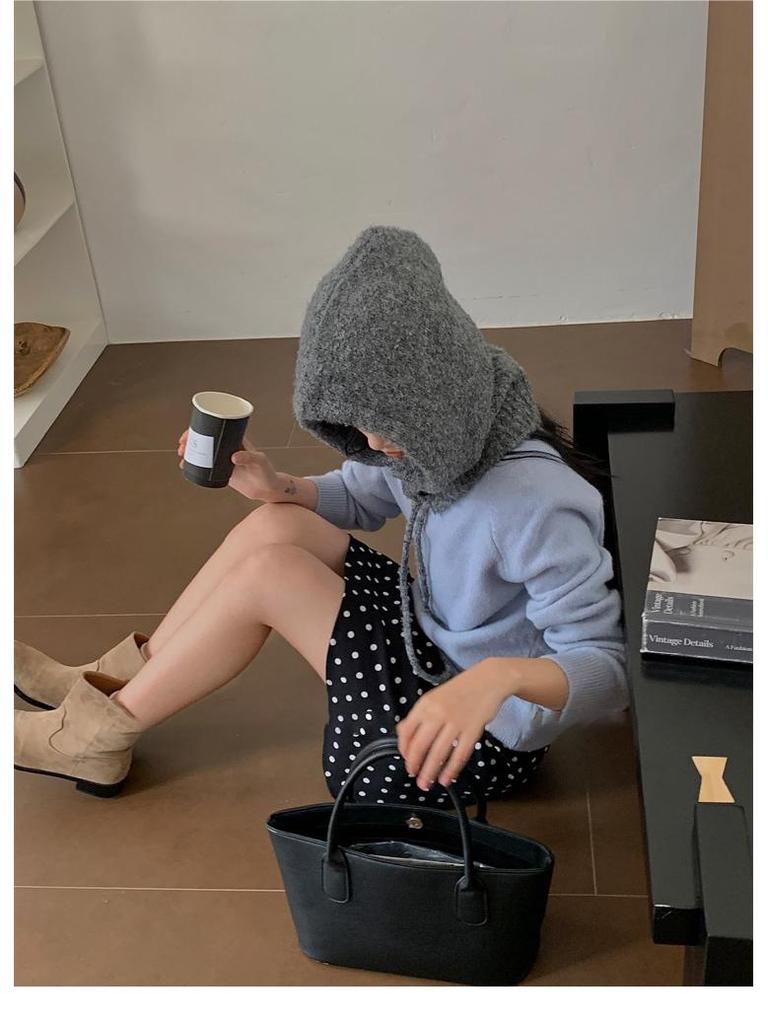 Women's Blue Knitted Wool Balaclava Scarf: Warm Ear Protection for Autumn & Winter