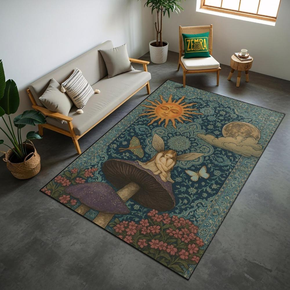 Vintage Feenpilz Sonne Mond Wirbel Himmel Blumiger Rand Rutschfester Teppich Cottagecore Hexe Waschbarer Innenraumteppich