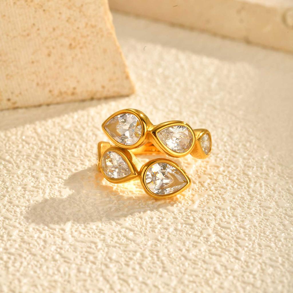 Luxury Shiny Zircon Stainless Steel Open Ring, Exquisite Chic Gold Plated Ring for Women, Fashion Exquisite Jewelry Gift