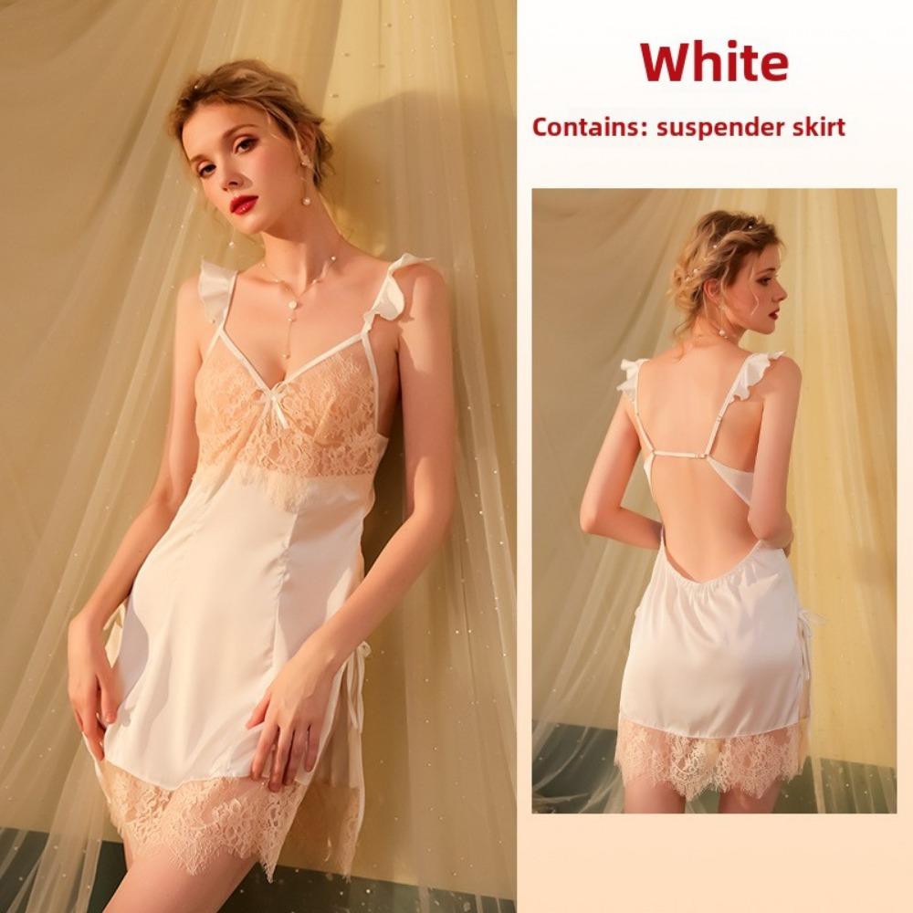 Sexy Perspective Seduction Low-cut Backless Pajamas Ruffle Edge Suspenders Eyelash Nightgown Split-ended Loungewear