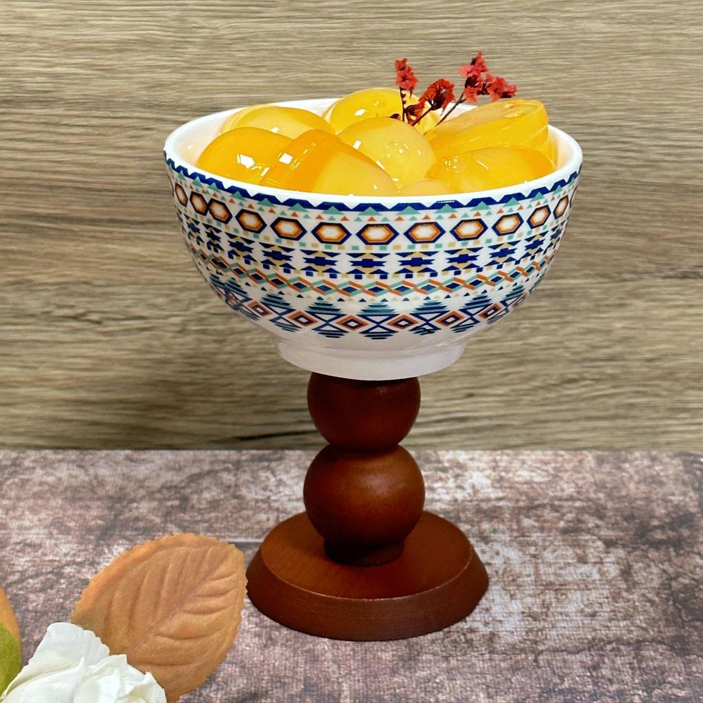 Bohemian French Retro Ceramic Dessert Bowl with Wooden Stem.