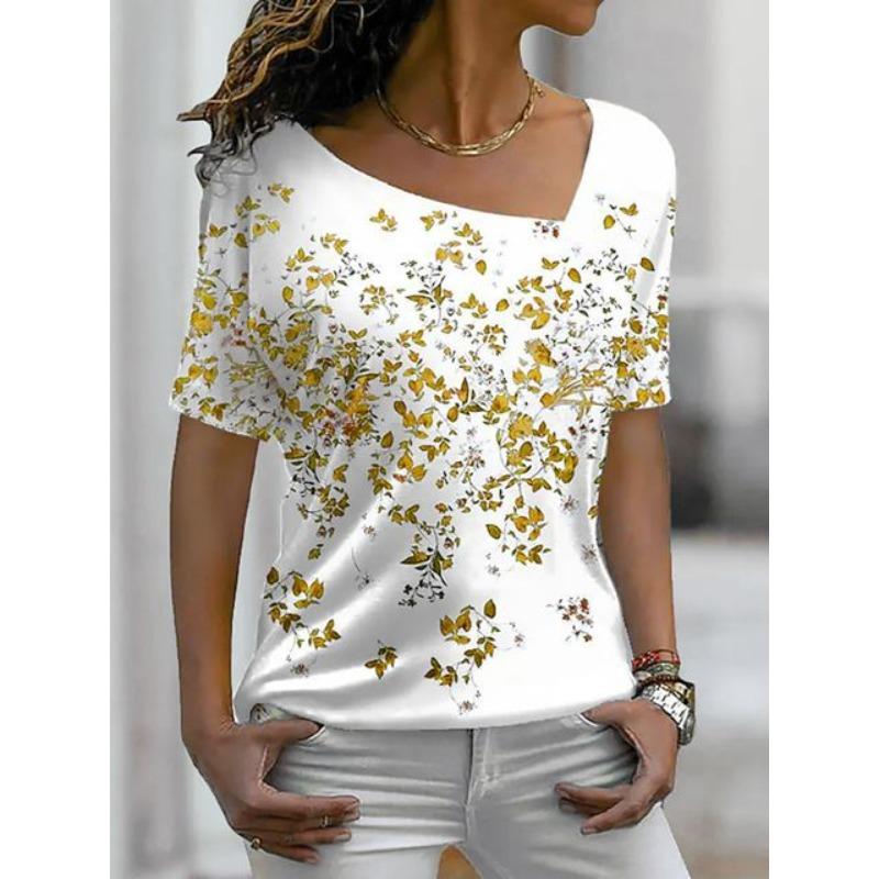 Trendy 3D T-shirt Flower Women's Slant Neck T-shirt Short Sleeve T-shirt