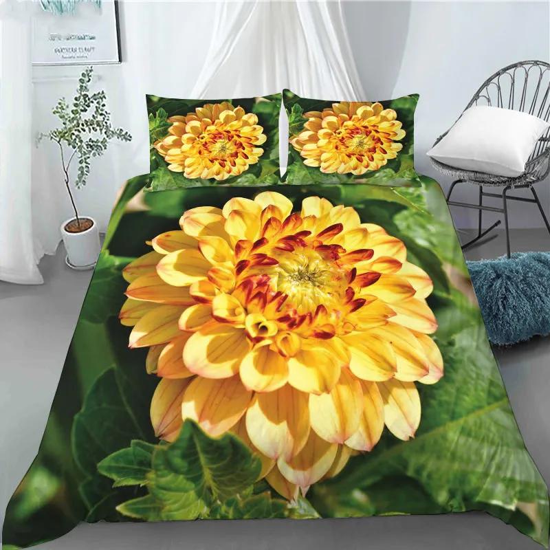 

3D Colorful Dahlias Flower Duvet Cover With Pillowcases Polyester Quilt Cover For Family Boy Kid Bedroom Decor King Queen Size EU Single(135*200cm)3pcs
