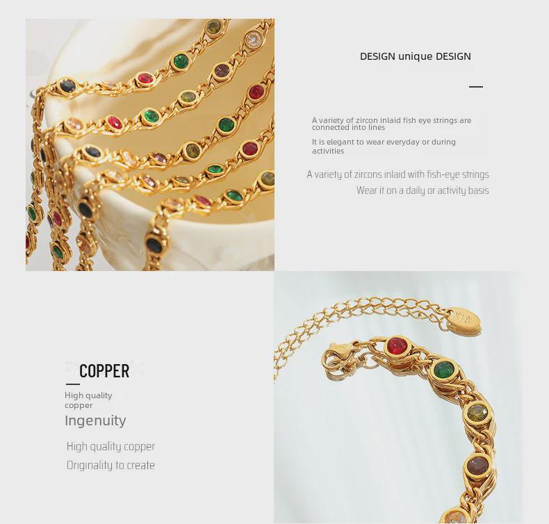 Colorful Zircon Fisheye Necklace & Bracelet Set with Copper Chain