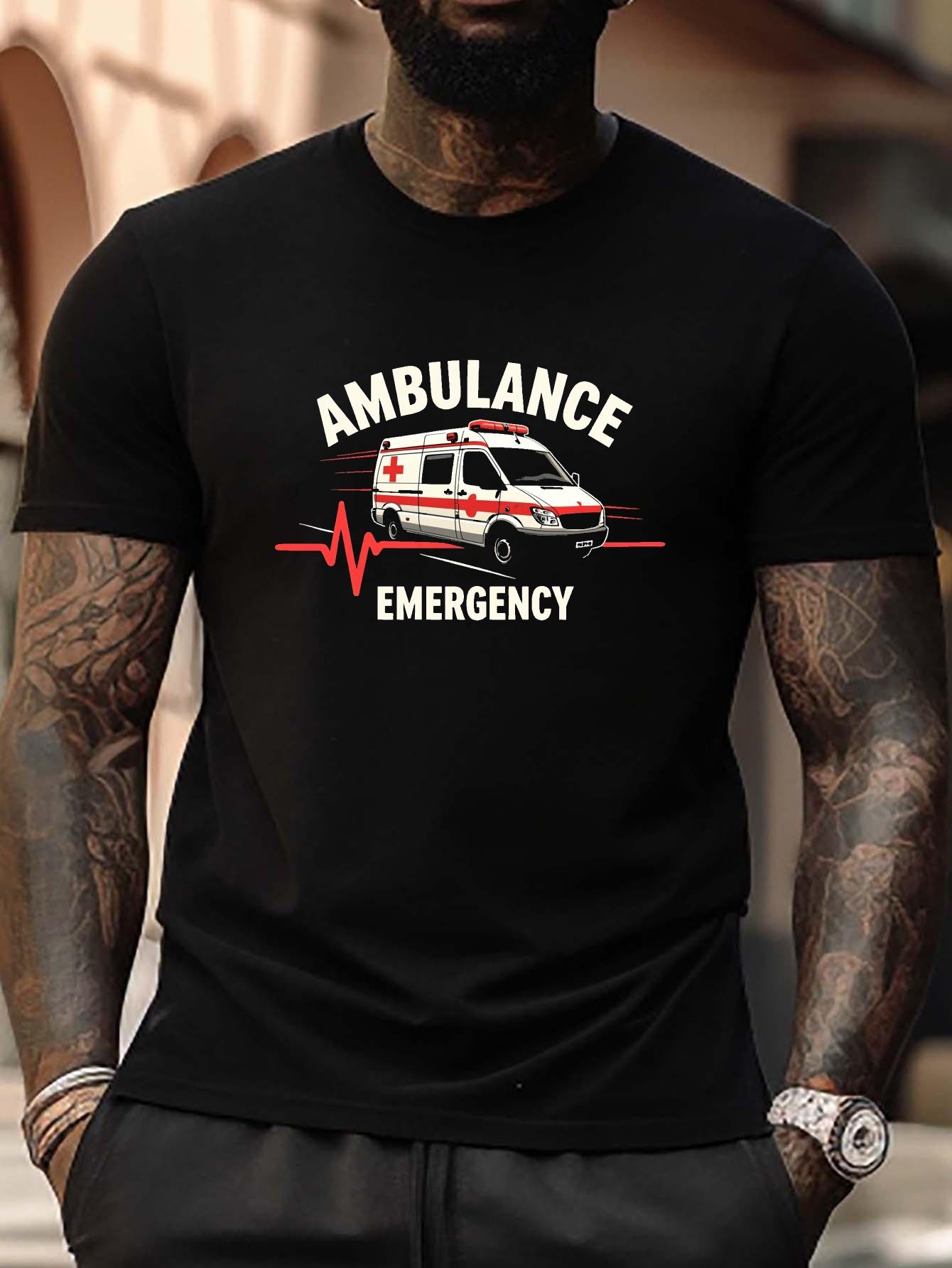 Plus Size T-shirt with Ambulance & Red Cross Design - Casual Crew Neck XXXL