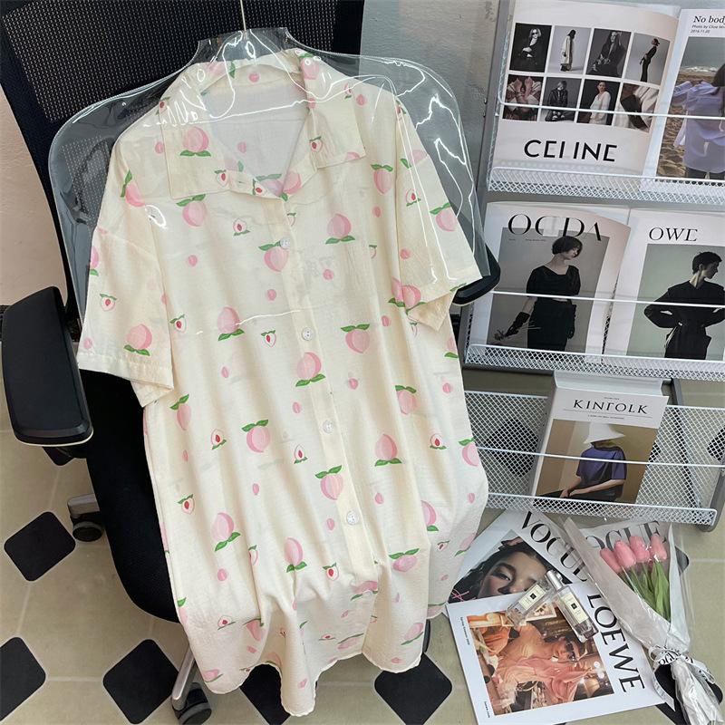 Светло-розовый Персиковый Маленький Свежий Летний Узор Ночная Рубашка Летняя Простая Пузырчатая Мятая Свободная Одежда для Отдыха M