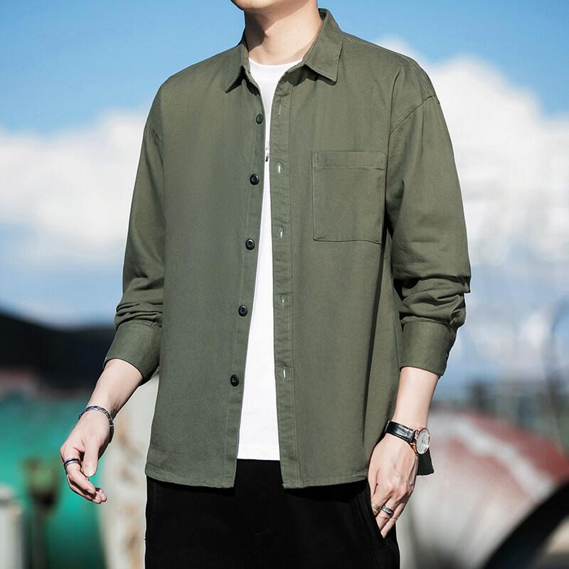 

Весна Осень Мужские Хлопковые Повседневные Рубашки Высокого Качества Однотонные Отложной Воротник Свободные Модные Молодежные Рубашки Для Мужчин 2XL армия зеленый