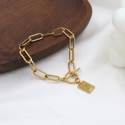 No Fading, Simple Thick Chain Interlocking Ot Buckle Square Brand Pendant Bracelet Girls Jewelry