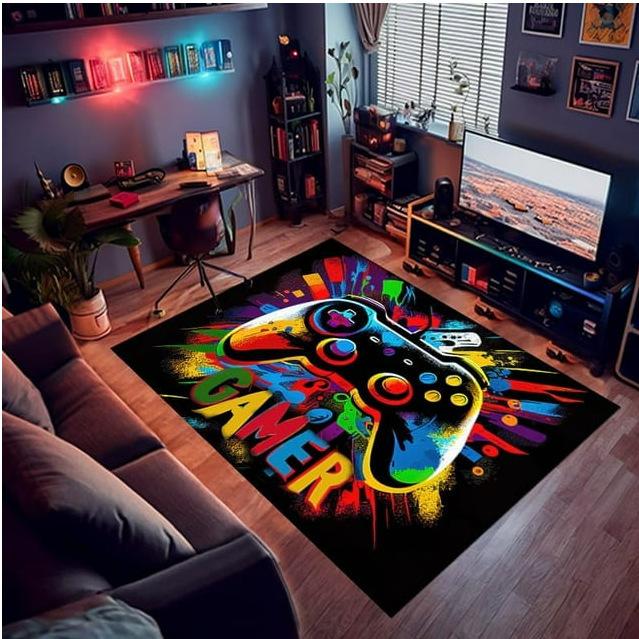3D Neon Gaming Controller Carpet Full Coverage Rug Mat for Home Decoration Glowing Joystick Pattern Gaming Room Floor Decor
