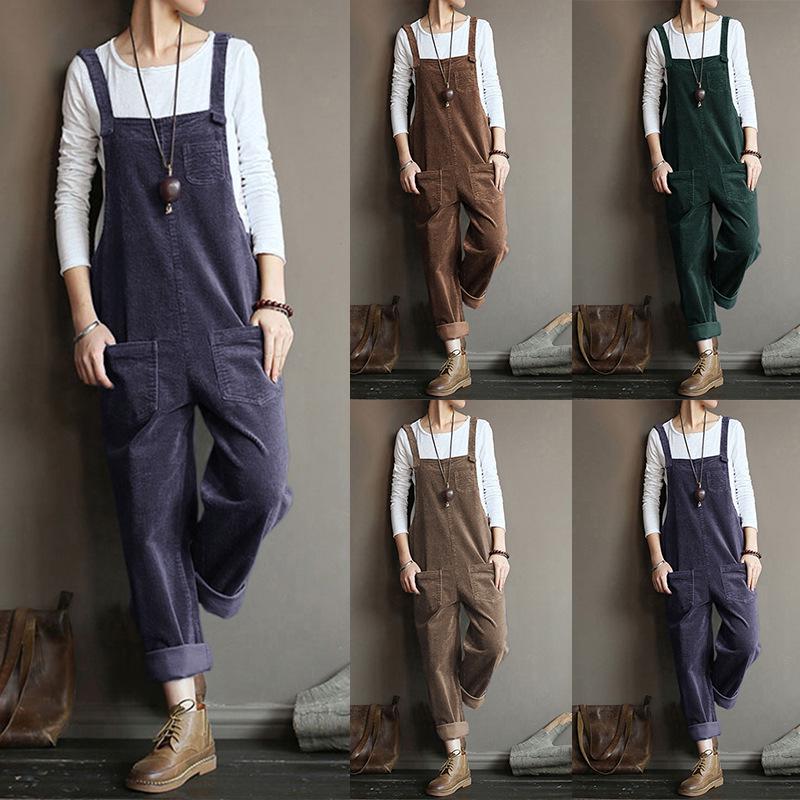 Autumn/Winter Solid Color Casual Corduroy Long Overalls