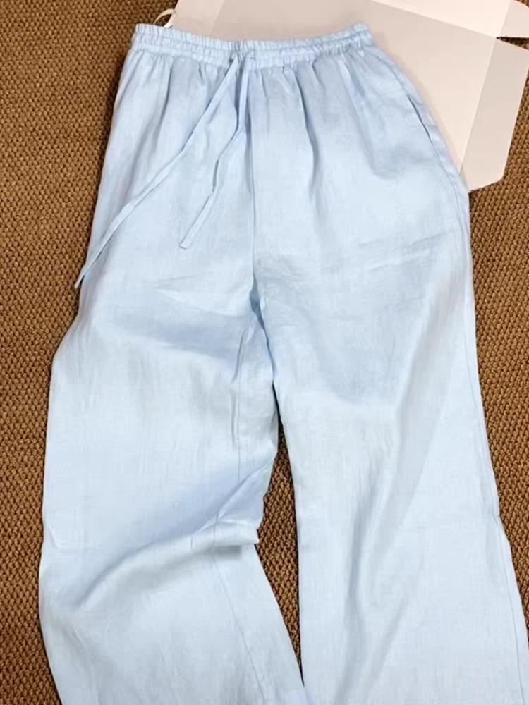 Highly Recommended: Women's Light Blue Tencel Linen Wide-Leg Summer Pants - Minimalist, Breathable, and Cool.