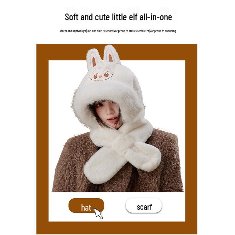 Bubu Plush Hat & Scarf Set: Cartoon Style, Velvet-Lined, Cute & Warm for Girls
