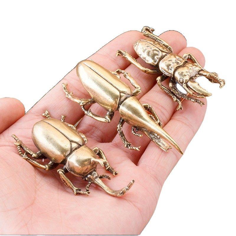 Retro Brass Beetles Figurines Unicorn Beetle Ornament Simulation Insect Tea Pets Desk Decorations Collectibles Gifts