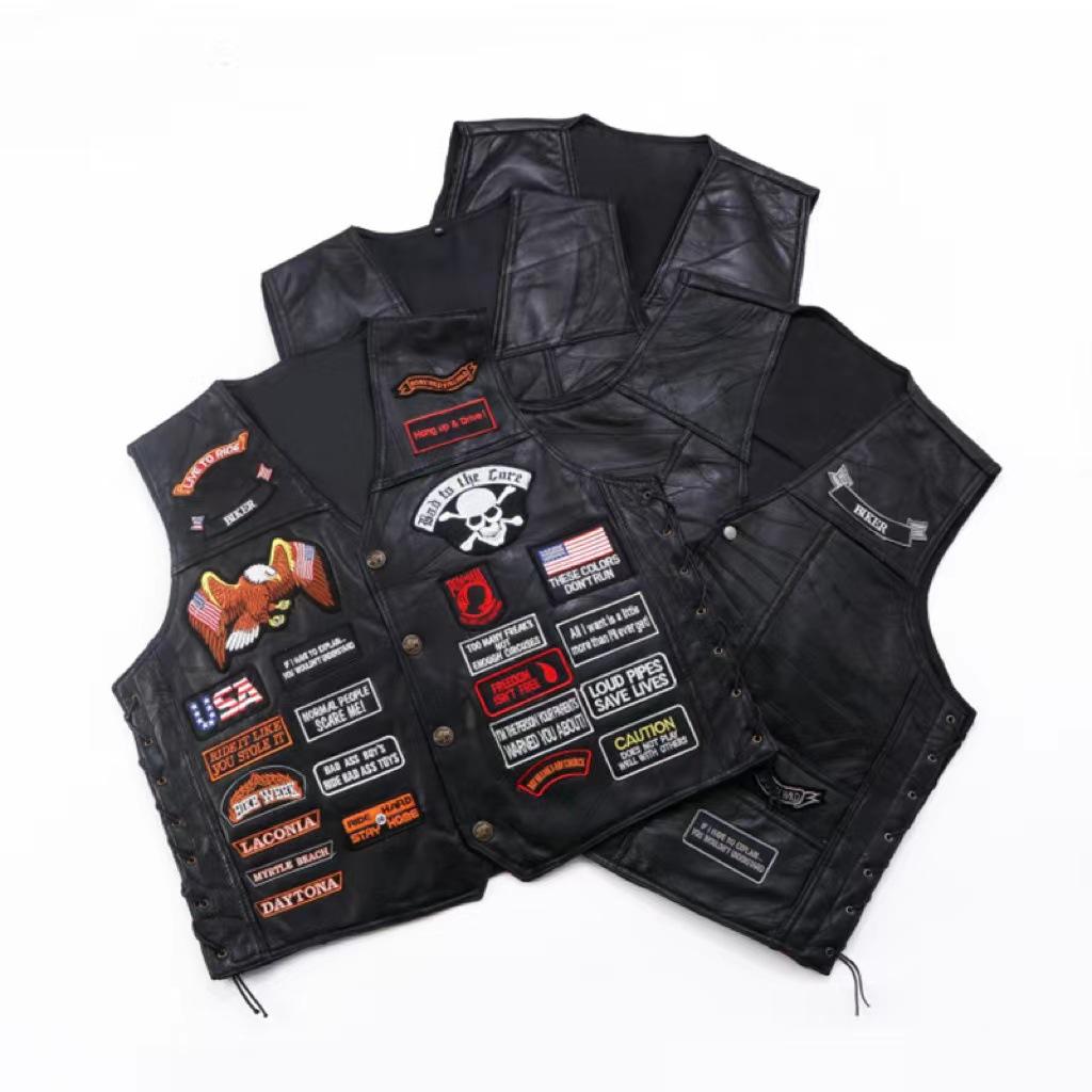 American Harley vest, leather vest, cycling vest 42 embroidered badges, leather vest men