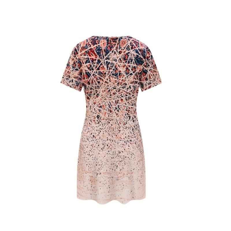 Women'S Abstract Painting Gradient Tie-Dye Flower Geometric 3D Printed Round Neck Short Sleeve Elegant Vacation  T-Shirt Dress