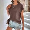 Ladies Summer Short Sleeve O Neck Solid Color Jacquard Plaid Pullover T Shirt Top