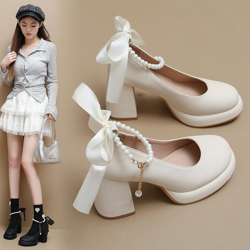 2025 Frühling neue Mary Jane Schuhe Damen College-Stil dicker Absatz Perle vielseitig Wort mit Übergröße Damenschuhe