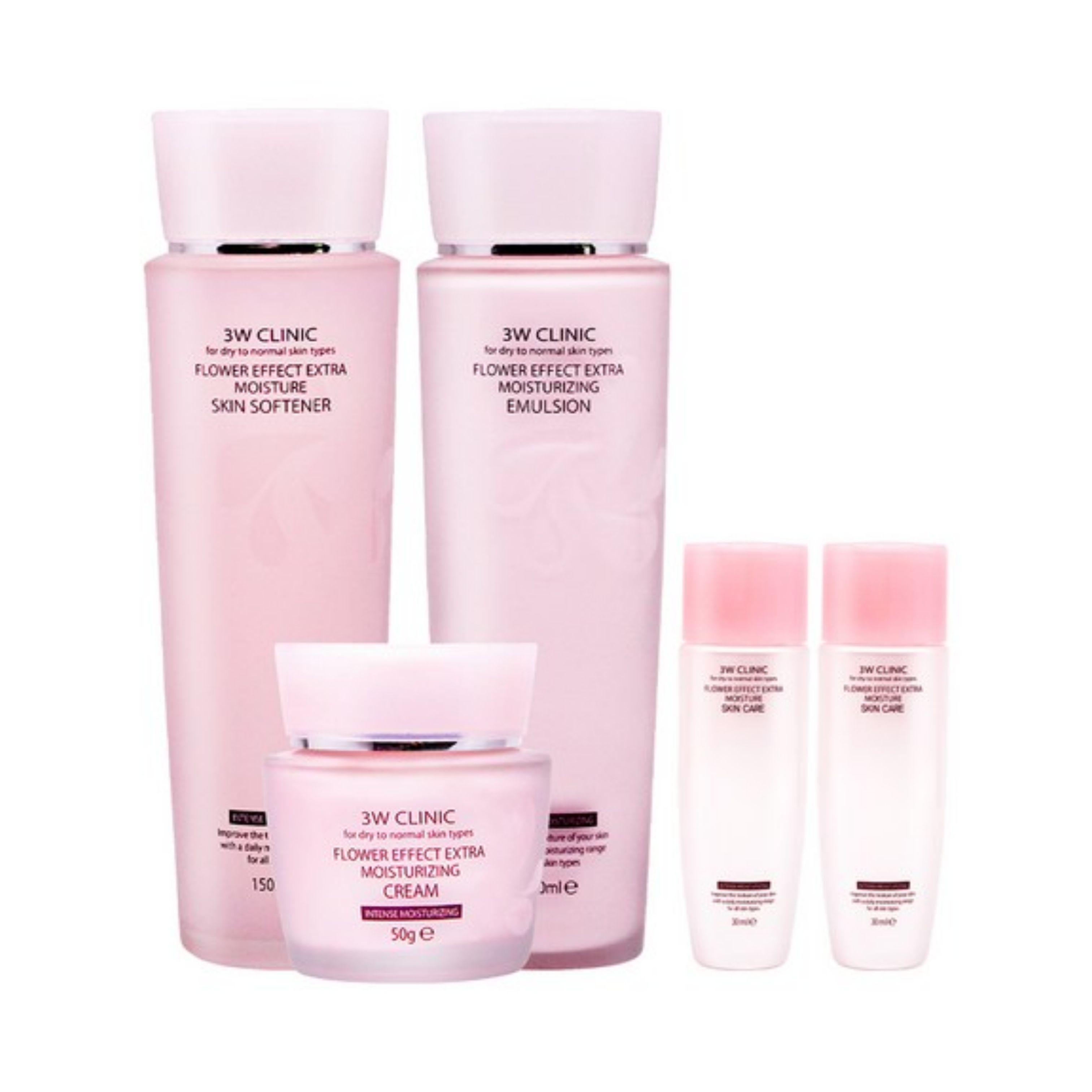 3W Clinic Flower Effect Extra Moisturizing Skincare Set (Skin Softener 150ml + 30ml / Emulsion 150ml + 30ml / Cream 50ml)