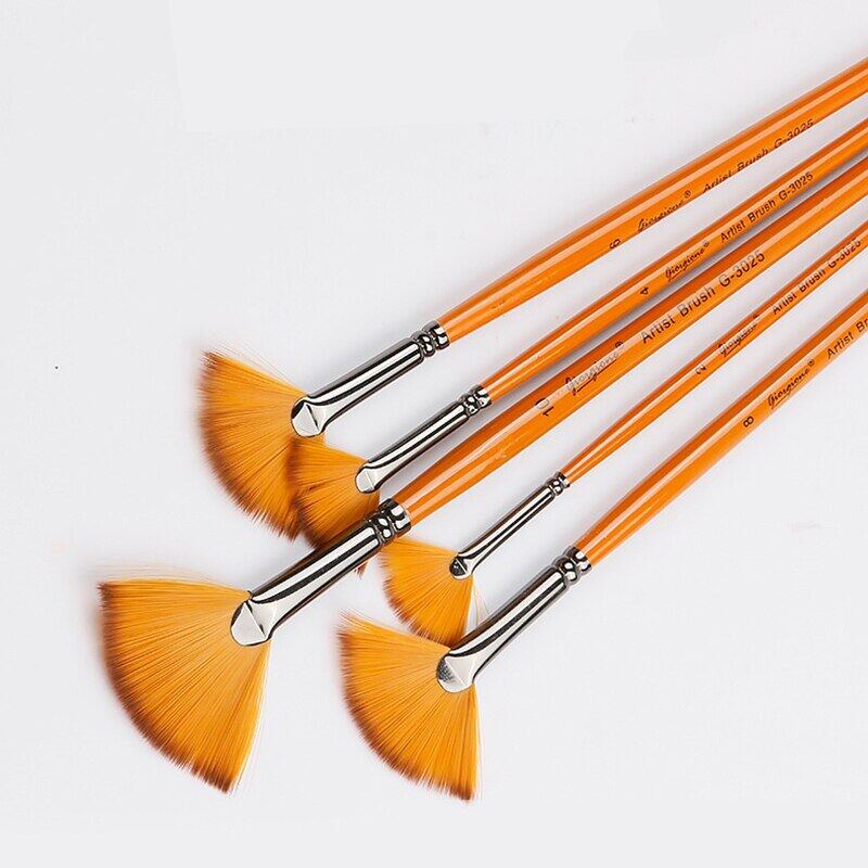 

JOWOART 5 шт. двухцветные нейлоновые волосы веерная форма оранжевый длинный деревянный шест ручка масляная живопись акриловая кисть веер набор водяных мелов товары для творчества