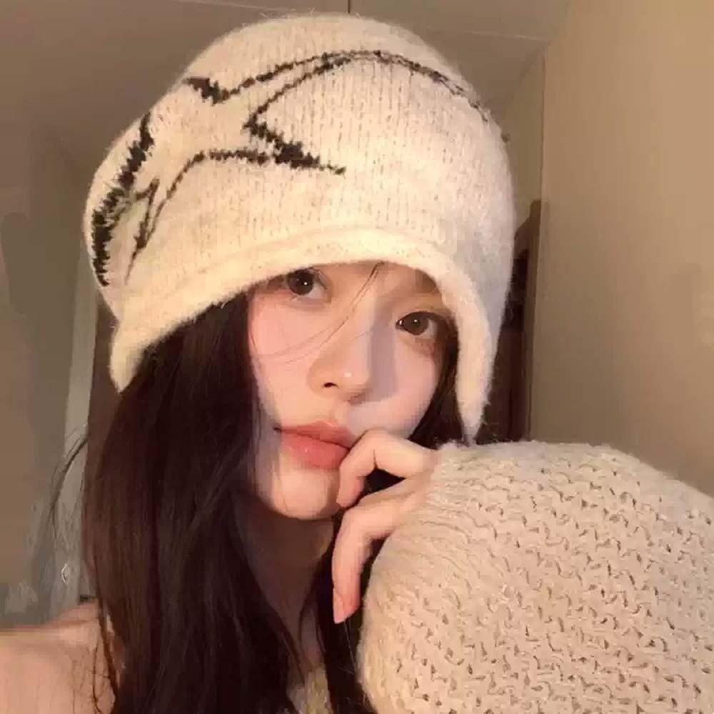 Streetwear Jacquard Woolen Hat Elastic Y2K Pullover Cap Fashion Star Knitted Hat  Women