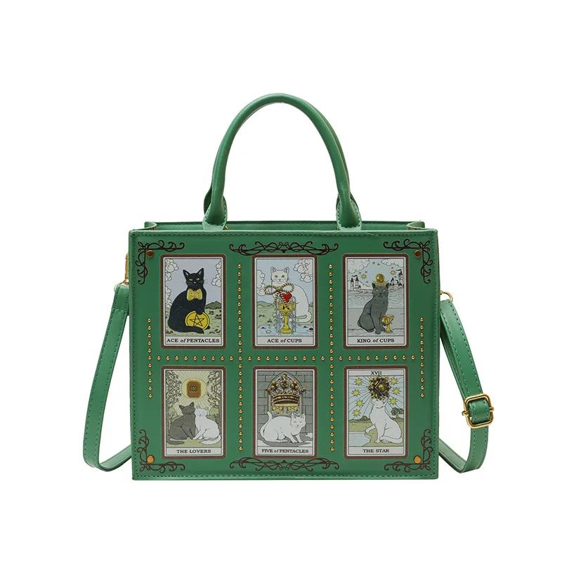Modische Katzen-Elf Handtasche Top-Handle-Tote-Bag Quadratische Crossbody-Umhängetasche Niedliches Katzenmuster Vielseitige Tote-Bag Aktentasche für Damen