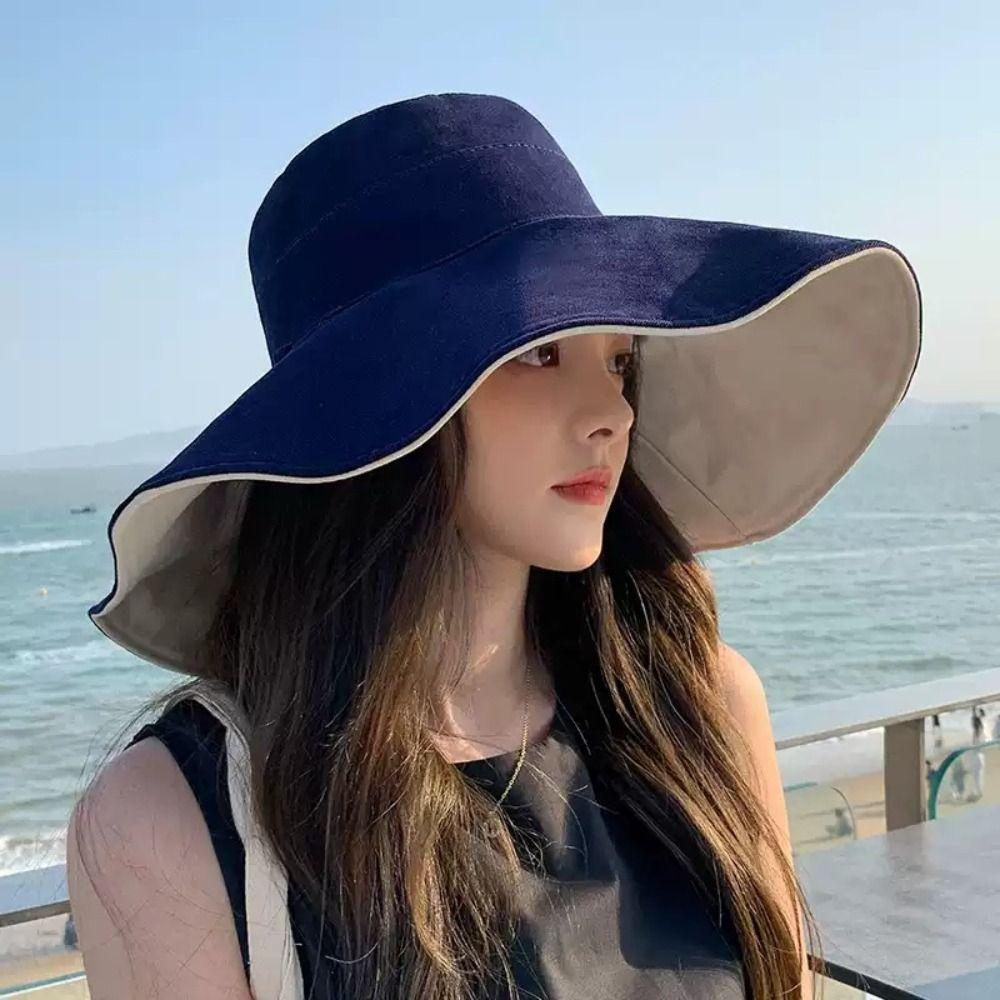 Wide Brim Sunscreen Sun Hat Solid Color Hiking Bucket Hat Casual Women Fisherman Hat  Travel