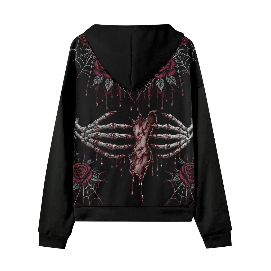 Women's Casual Long Sleeve Zip-Up Hoodie Sweatshirt with Halloween Print