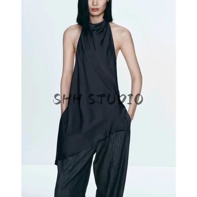 Summer New Product Women's Clothes Fashion Style Asymmetric Hem Silk Satin Texture Hanging Collar Short Top 2754100