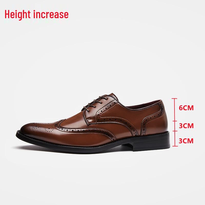New Men's English Style Hidden Heel Derby Brogue Leather Shoes - Pointed Toe Lace-Up Design for Formal and Casual Wear
