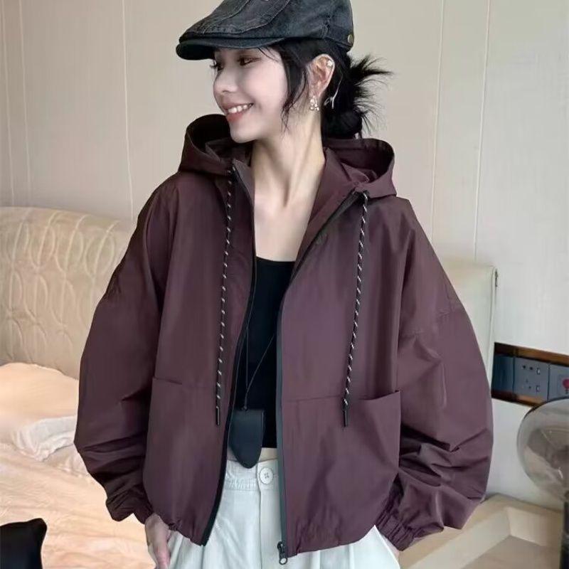 Women's Drawstring Hooded Windbreaker Jacket Early Autumn Loose Trendy Top for Women