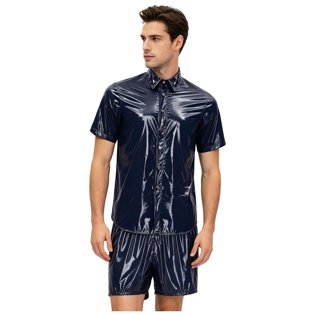 S-3XL Men Waterproof Training Outfit Short Sleeve Front Button Collared T-Shirt and Elastic Waistband Built-in Boxer Briefs for Wrestling Swim Gym