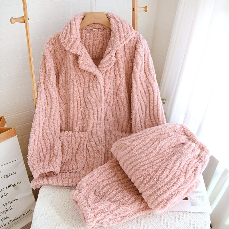 

Осенне-зимний женский пижамный комплект, теплая утолщенная ночная рубашка с воротником и узором в виде ряби на воде, домашняя одежда, свободная, удобная одежда для сна XL розовый