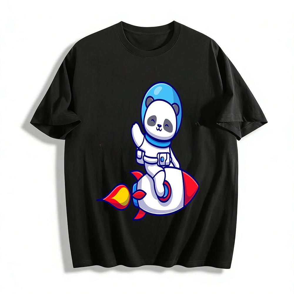 Cute Space Panda Riding Rocket Print Kids Casual Top Pure cotton T-shirt XXS