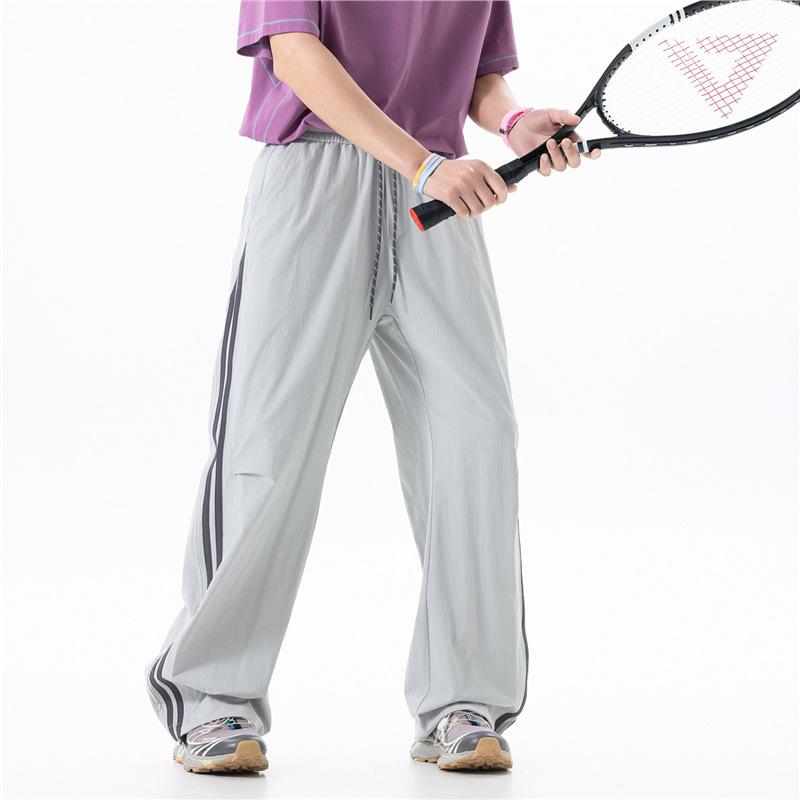 Men's American Outdoor Striped Drawstring Wide-Leg Summer Pants - Breathable, Loose, Straight-leg, Casual Sportswear