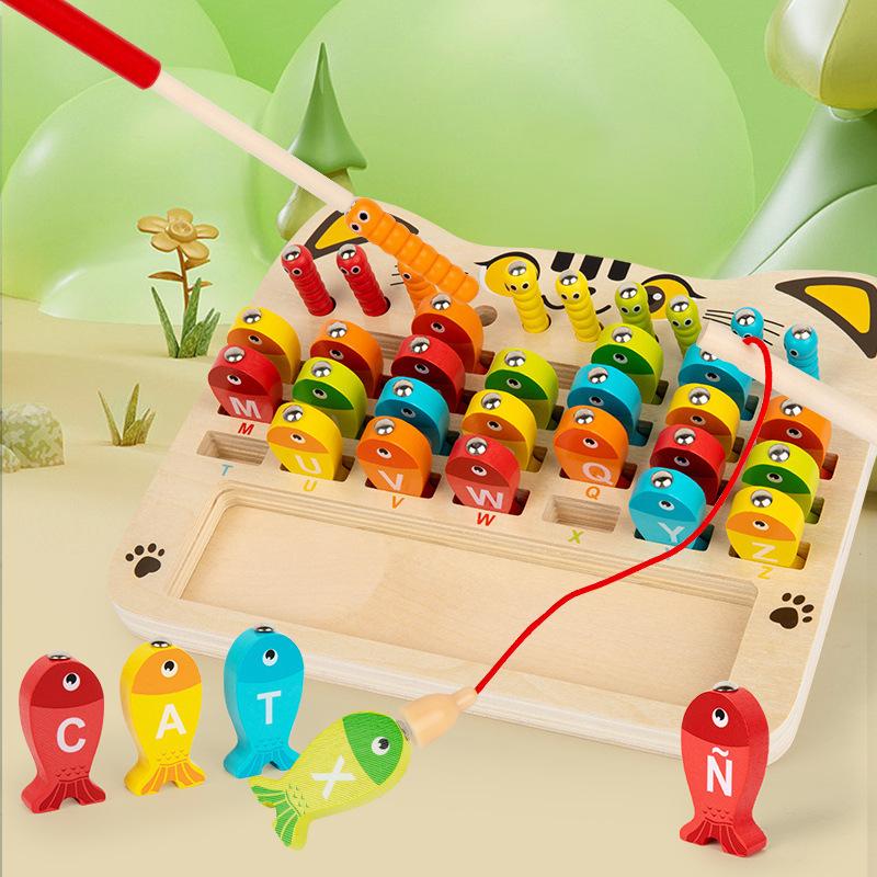 Wooden Children's Early Education Puzzle Toddler Fishing Exercise Hand-Eye Coordination Magnetic Numbers Alphabet Catching Insects Fishing Toys