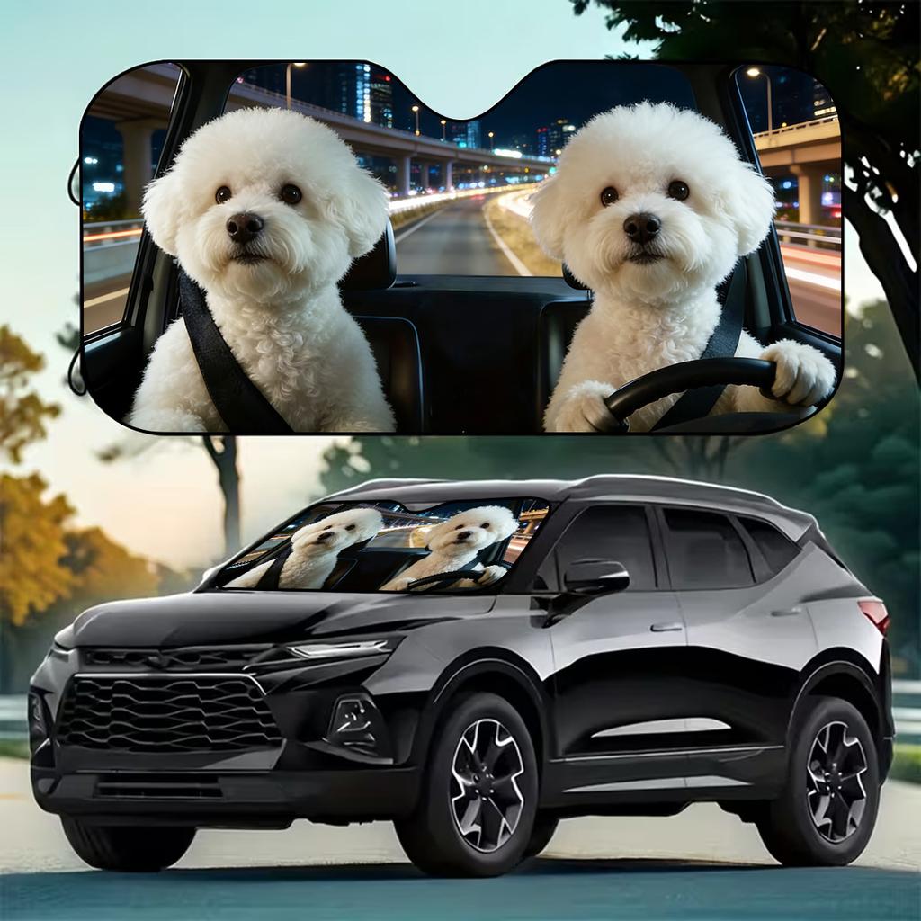 1Pcs Bichon Frise Pattern Windshield Sunshade UV Rays Heat Blocker Keeps Vehicle Cool Unique Design Fit Sedans SUVs Trucks RVs