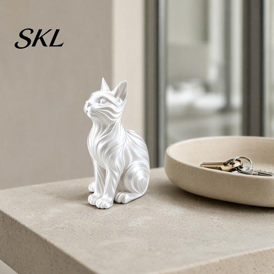 Cat Figurine for Display 3D Printed Statue with Wavy Fur, Modern Sitting Cute Desk Accessory Bookshelf Decor, Minimalist Art Sculpture Home