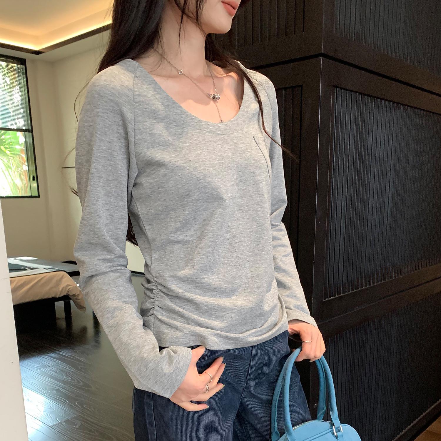 

Women s Slim Fit Waist-Cinched U-Neck Long-Sleeve T-Shirt with Loose Pocket, American Style, Perfect for Spring/Autumn Extra Large серый