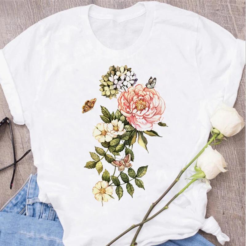 Red Rose Printed Women's T-shirt Summer Round Neck Harajuku Korean Pattern Top Women's T-shirt Top