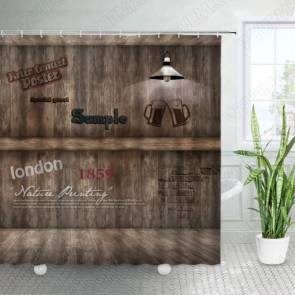 Vintage Wooden Board Shower Curtains Retro Brick Wall Street Lights Farm Barn Door Green Leaves Plant Fabric Home Bathroom Decor