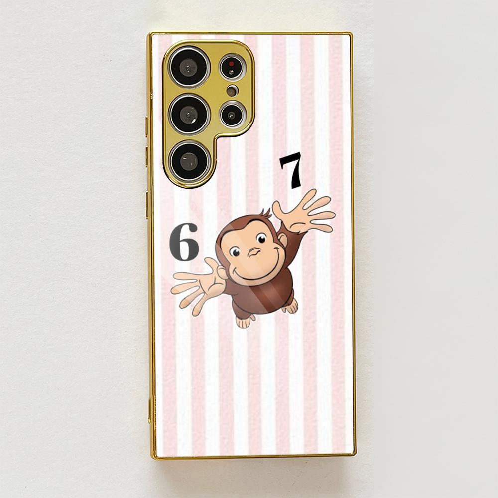 Y2K Curious George Phone Case For Samsung Galaxy S25 S24 S23 Ultra Metal Frame Case Slim Shockproof Cover Durable
