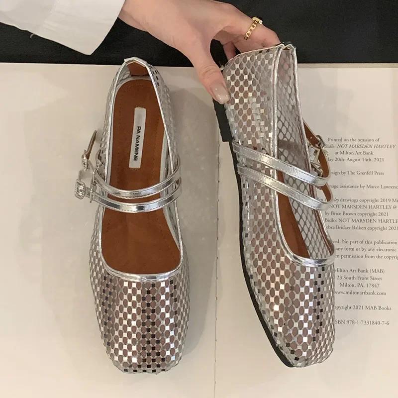 Сетчатые дышащие плоские туфли Мэри Джейн Женская мода Квадратный носок Мягкая подошва Сандалии Комфорт Пряжка Балетки для женщин 35