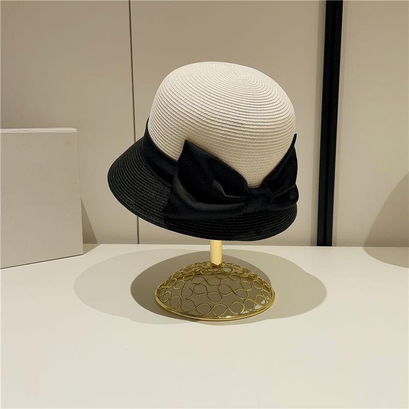 Ladies French Elegant Satin Big Bow Color Matching Straw Hat Retro Top Hat Bucket Hat Sunshade Sun Protection Beach Hat