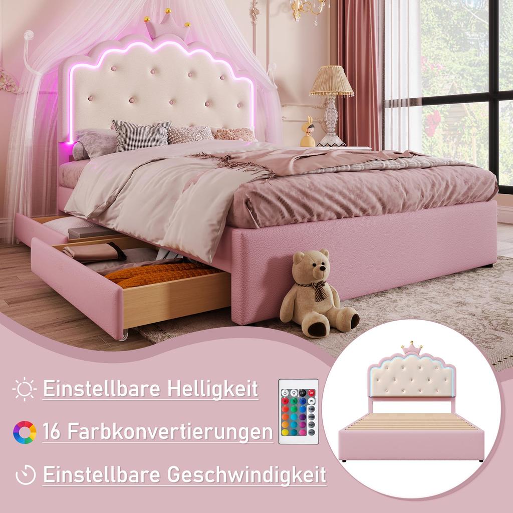 Barnsäng Flieks, Vadderad säng 140x200 cm för flickor Kron-dubbelsäng med LED-remsor, Hydrauliskt förvaringsutrymme, Utskjutbar säng och 2 lådor, Rosa