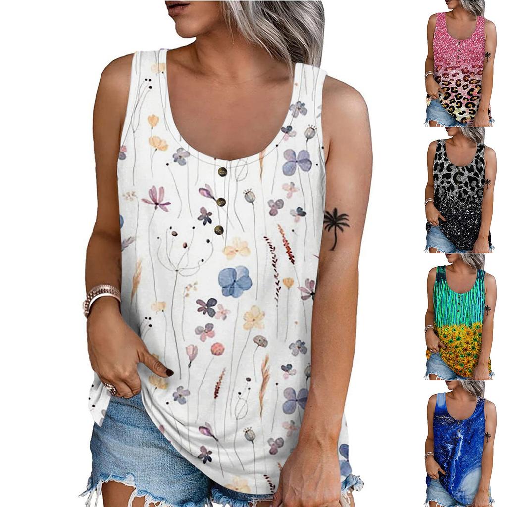 Women Summer Sleeveless Casual Floral Printed O-Neck T-Shirt Tops Blouse