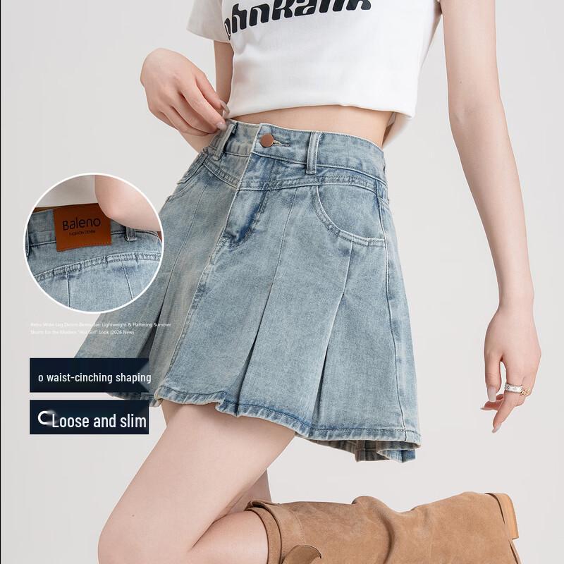 Baleno American Retro Washed Denim A-line Pleated Skirt
