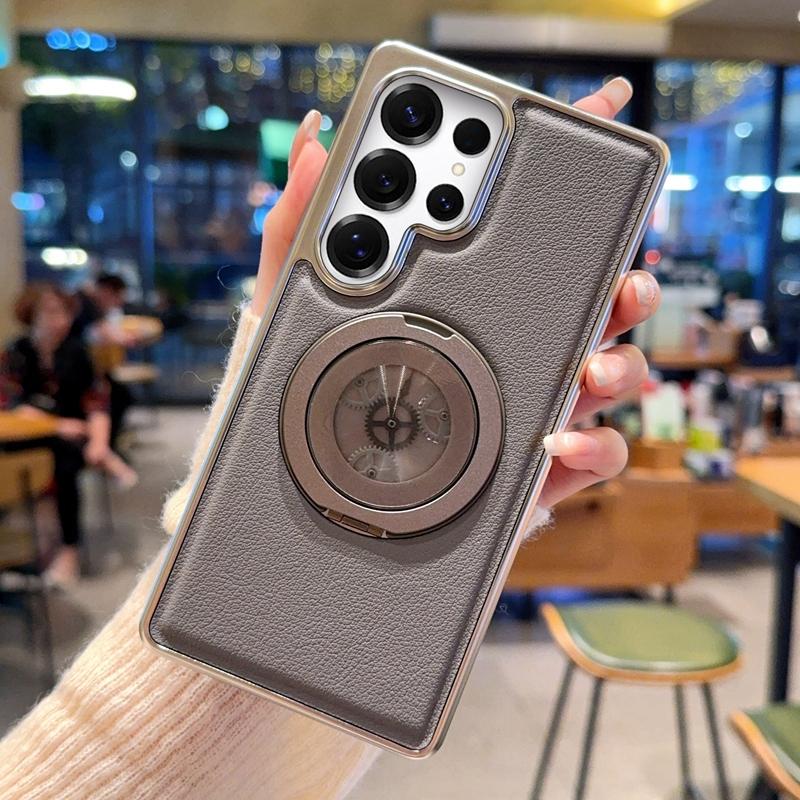 For Samsung Galaxy S24 Ultra Magnetic Case Rotating Kickstand Gear Stress Relief Leather Phone Back Cover